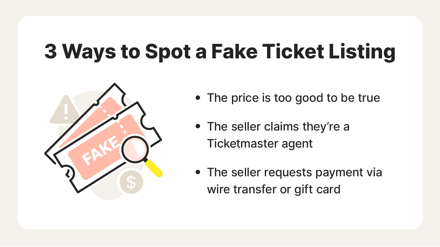 Fake ticket stubs represent a Ticketmaster scam.