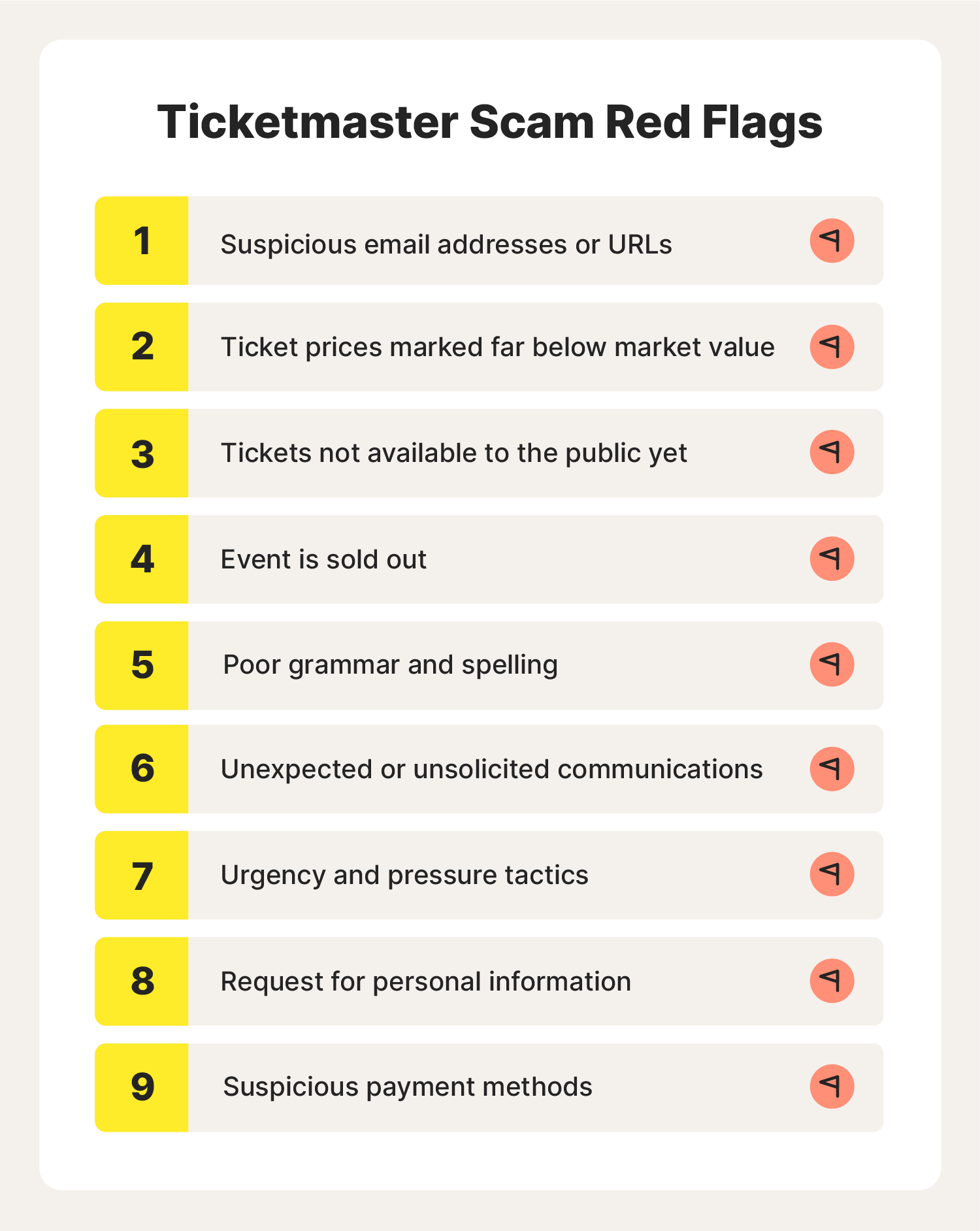 Nine red flag icons represent nine Ticketmaster red flags to watch for to avoid Ticketmaster scams.