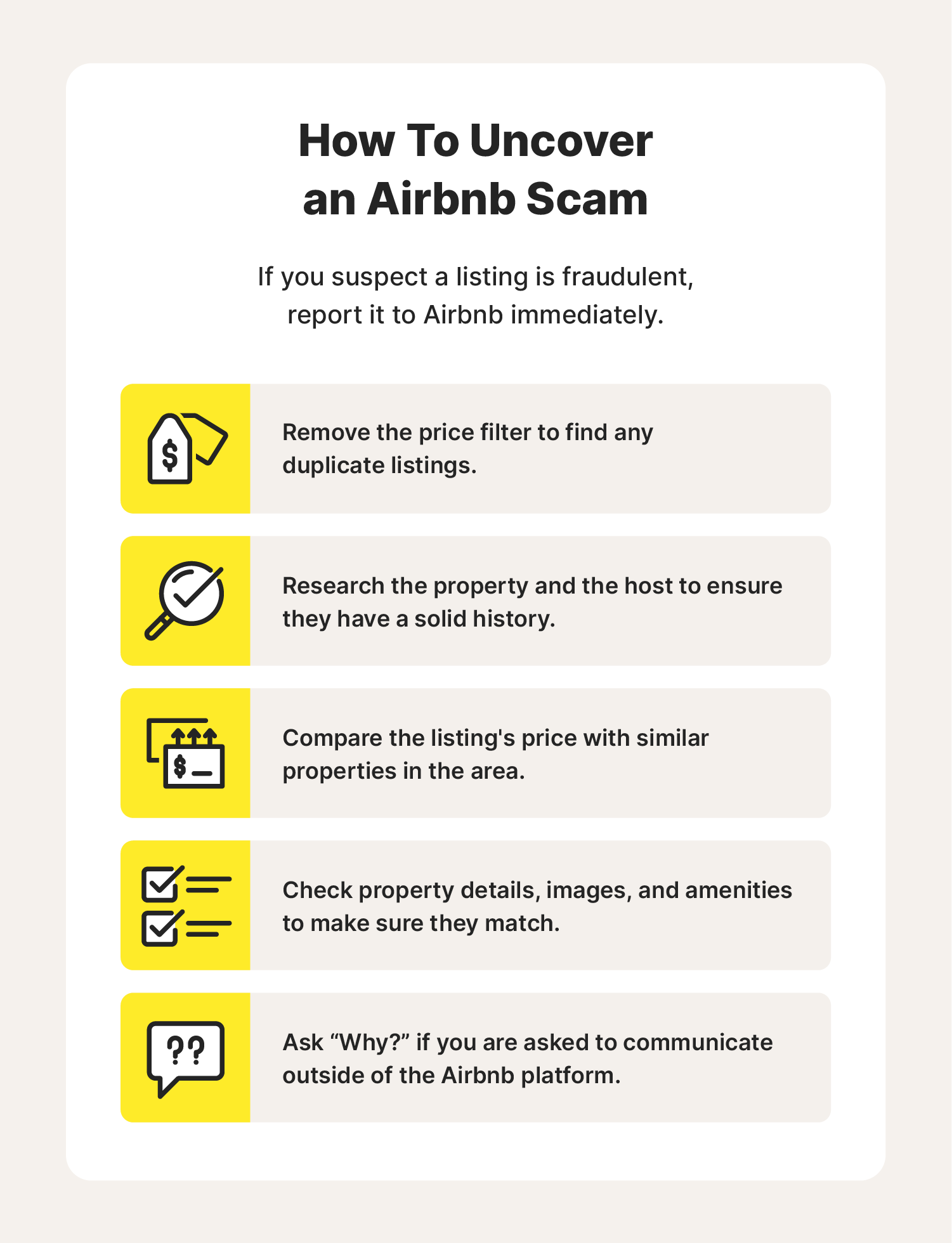 A graphic showcases five steps you should follow to uncover an Airbnb scam. 