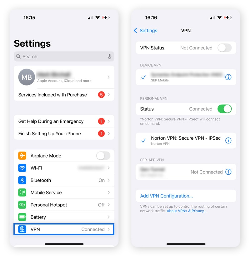 Turning off a VPN via iOS Settings.