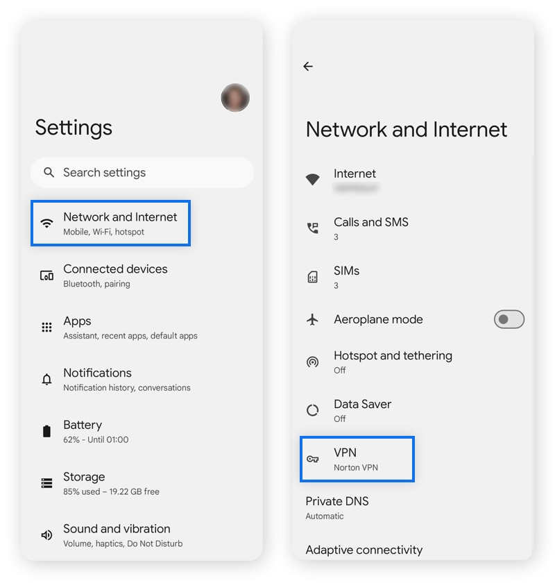 Locating a VPN connection in Android Settings.