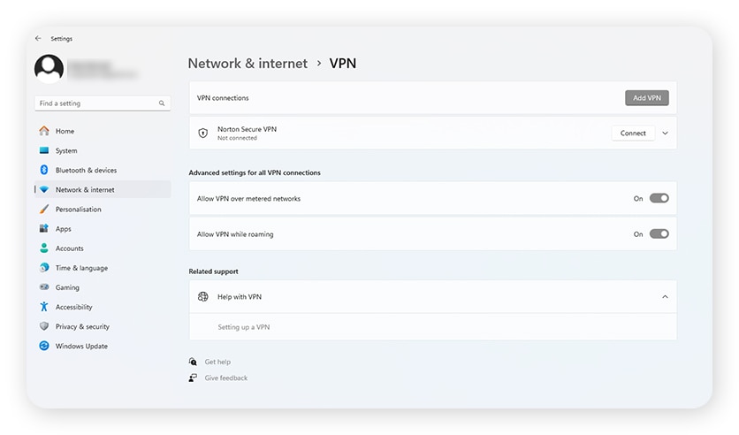 Turning off a VPN in Windows Settings.