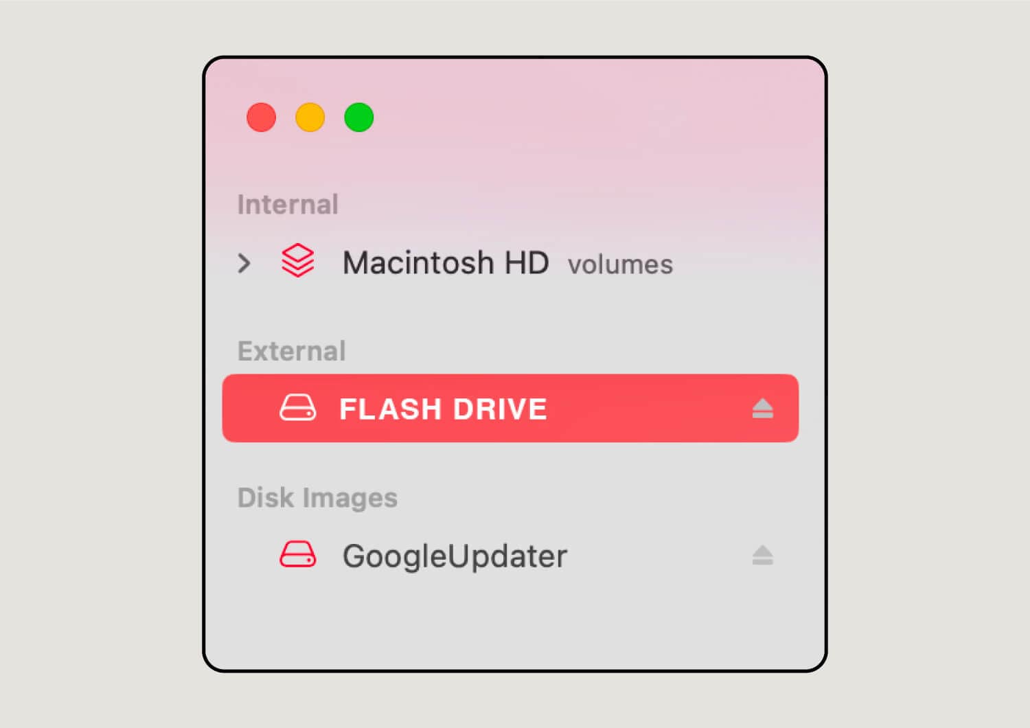 A visual showing where external devices like a flash drive appear on a Mac. 