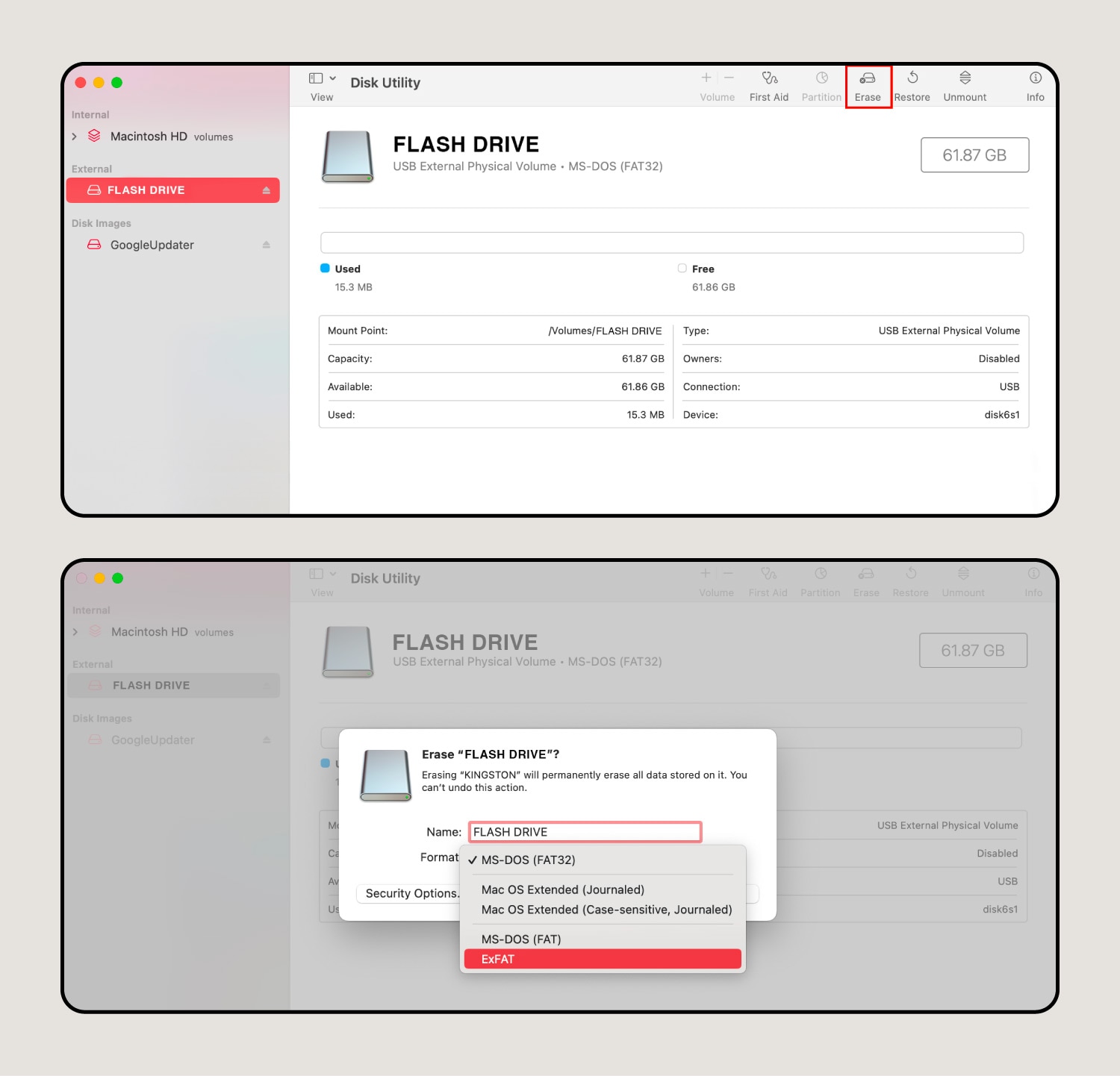 Screenshots showing how to erase and format a flash drive to ExFAT so it works with Mac devices. 