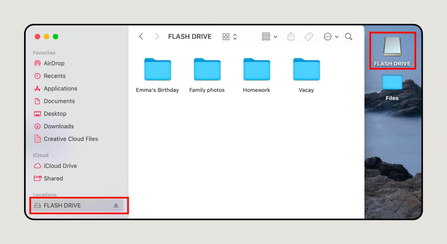 Screenshot showing how to paste copied files to a folder on your flash drive. 