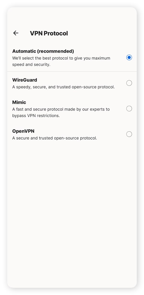 A screenshot of the protocol settings in Norton VPN