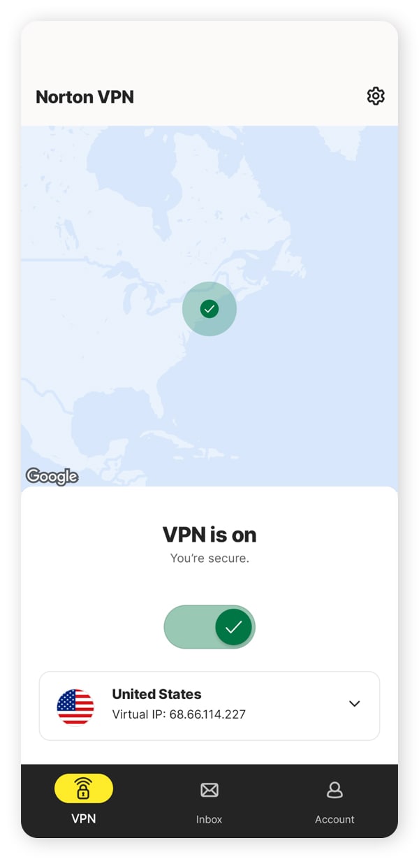 A screenshot of Norton VPN with an active connection