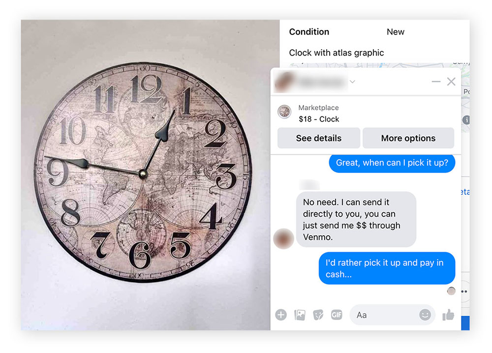 A screenshot showing a purchase scam involving a scammer trying to get the buyer to make payment on Venmo.
