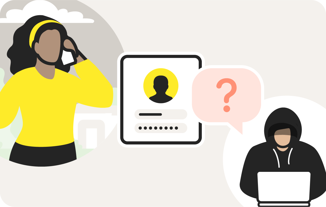 An illustration showing  a fake customer service agent calling the customer in a vishing (voice phishing) attempt.