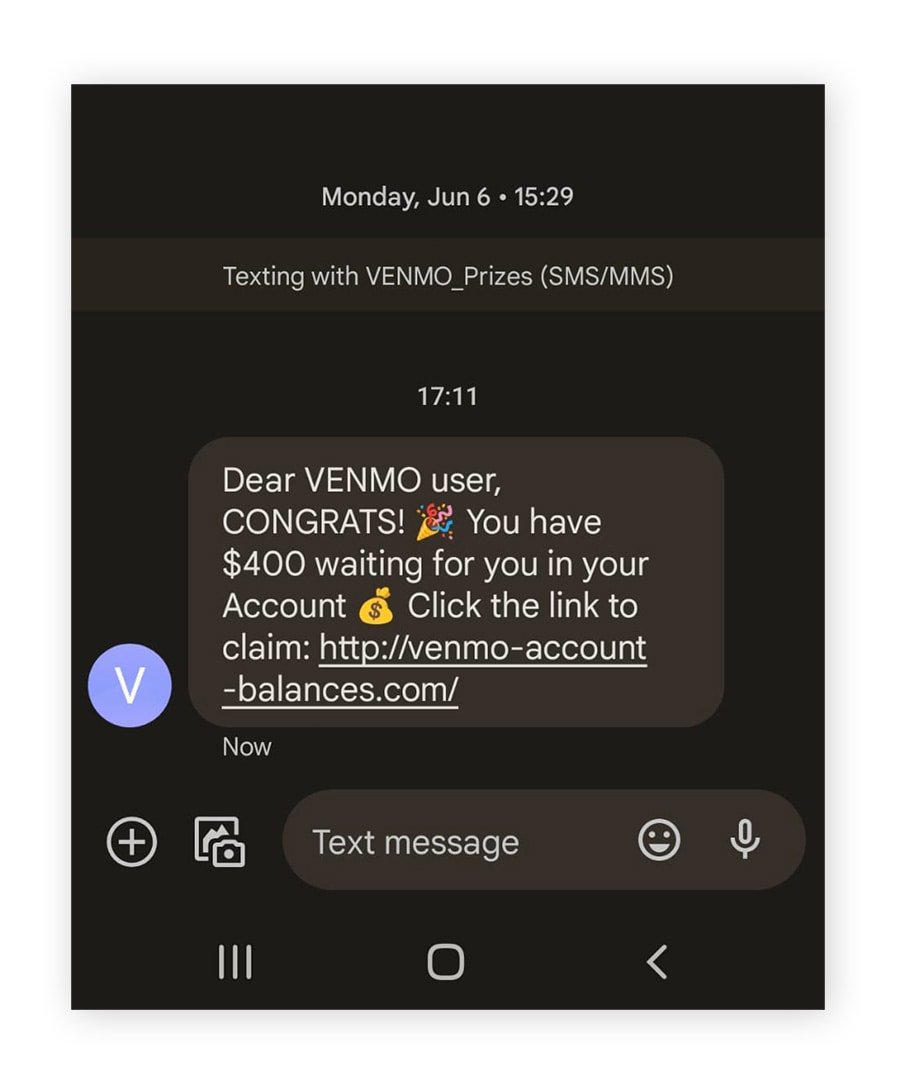 A screenshot showing a fake prize scam involving Venmo.