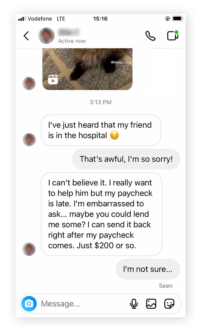Romance scam text example.