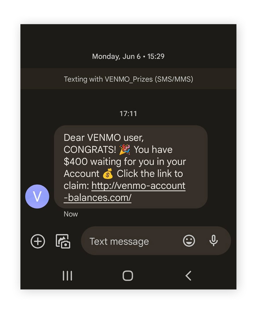  A Venmo scam text trying to get the target to tap a malicious link