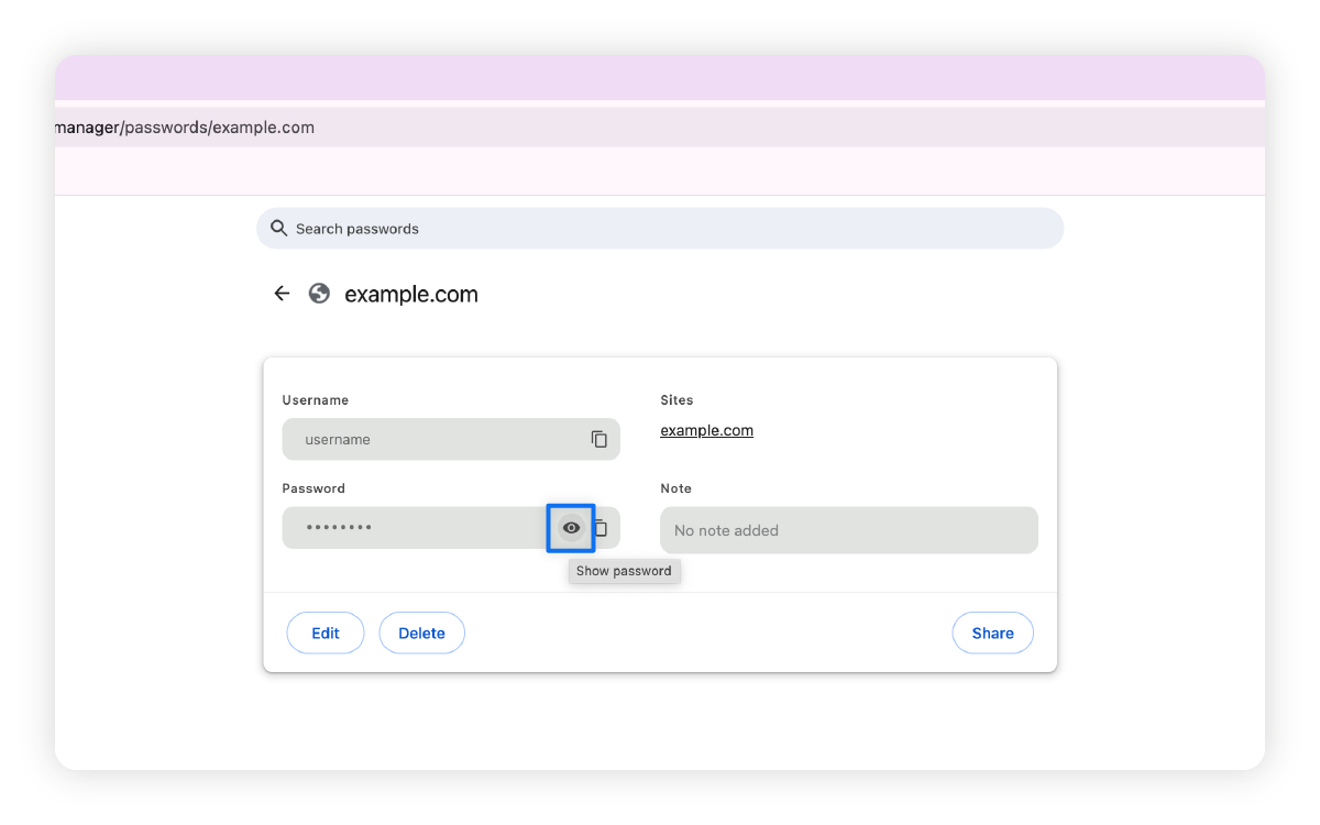 Screenshot of the eye icon to show your password saved in Google.