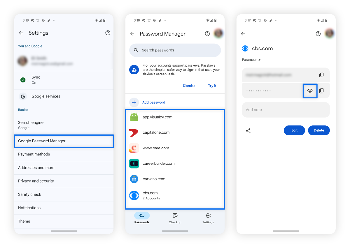 Three screenshots showing how to view saved passwords on Android phones.