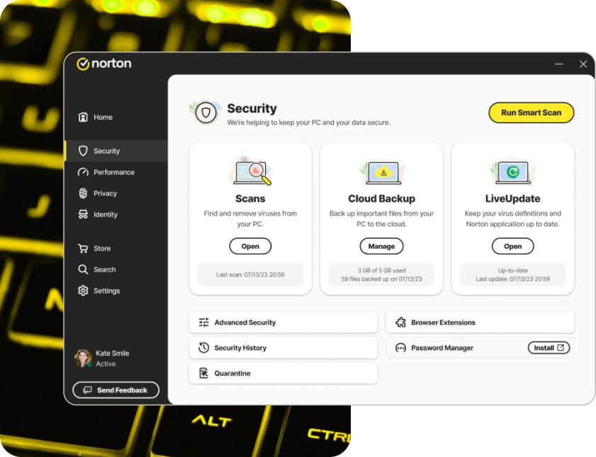  The Norton AntiVirus Plus main dashboard, showing that the device it's on is protected.