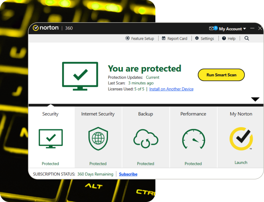  The Norton AntiVirus Plus main dashboard, showing that the device it's on is protected.