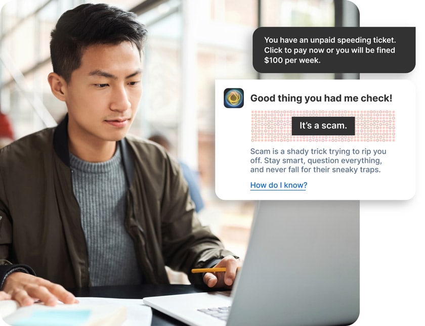 A man uses the scam detector feature in a Norton antivirus product to check if a text about an unpaid speeding ticket is a scam.