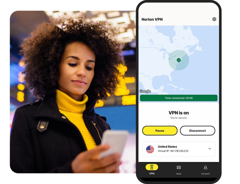 Norton VPN for Android connected to a VPN server in the USA.