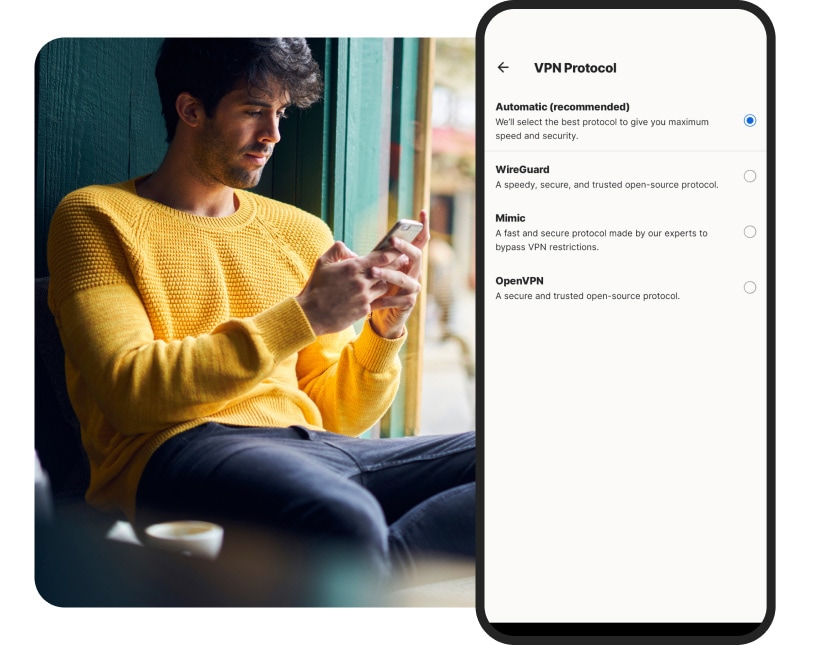 Selecting a VPN protocol on Norton VPN for Android.