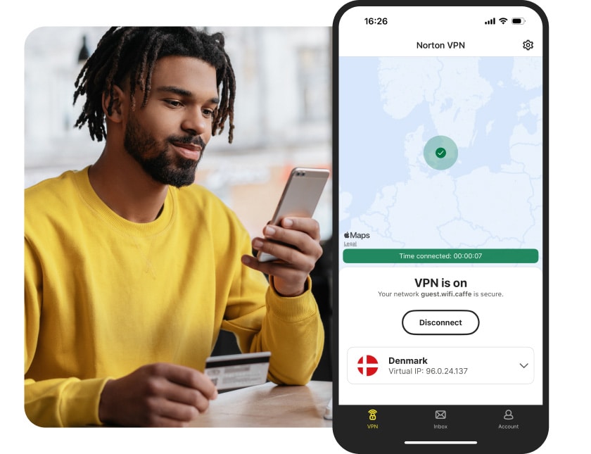 Norton VPN for iOS connected to a VPN server in Denmark.