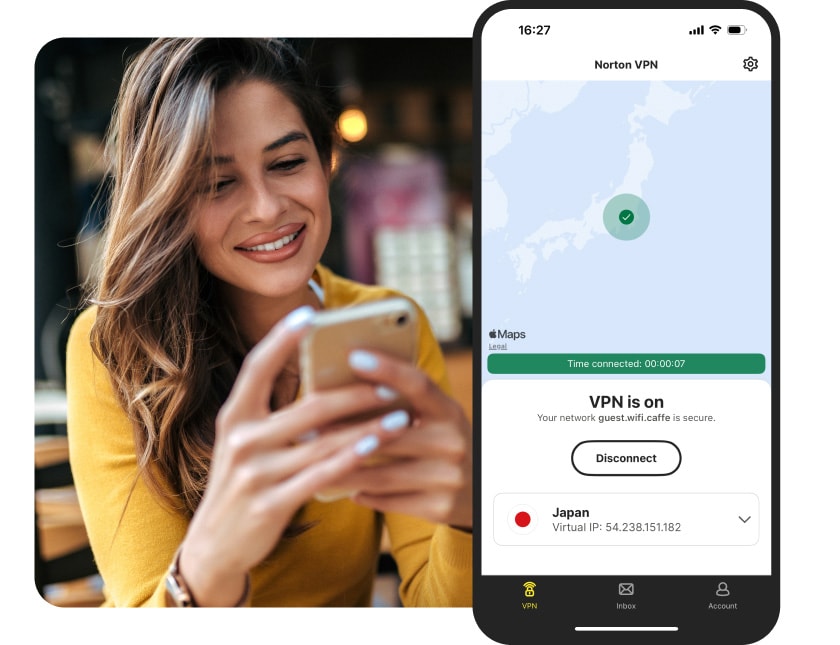 Norton VPN for iOS connected to a VPN server in Japan.