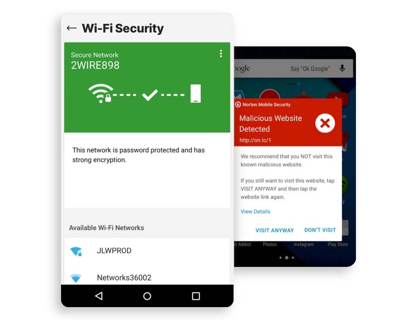 Norton Mobile VPN confirming the connected network has strong encryption.