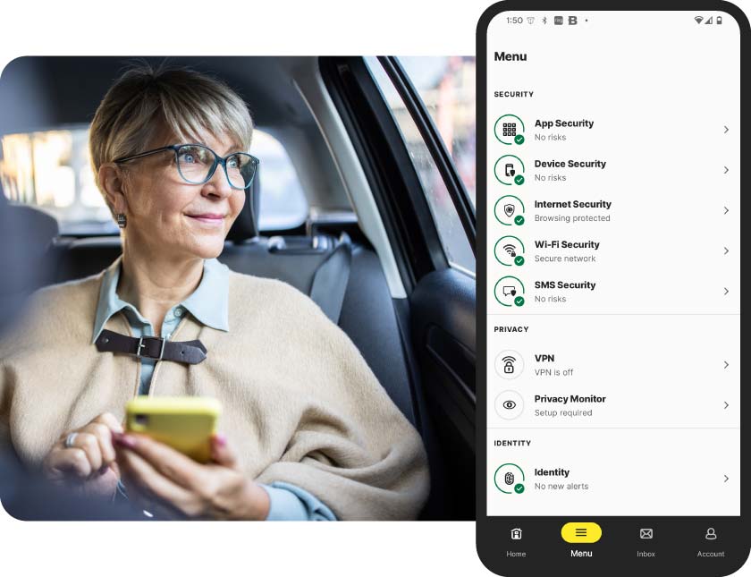 A woman uses Norton VPN on her mobile in the back of a taxi, shielding her location and identity while on the go.