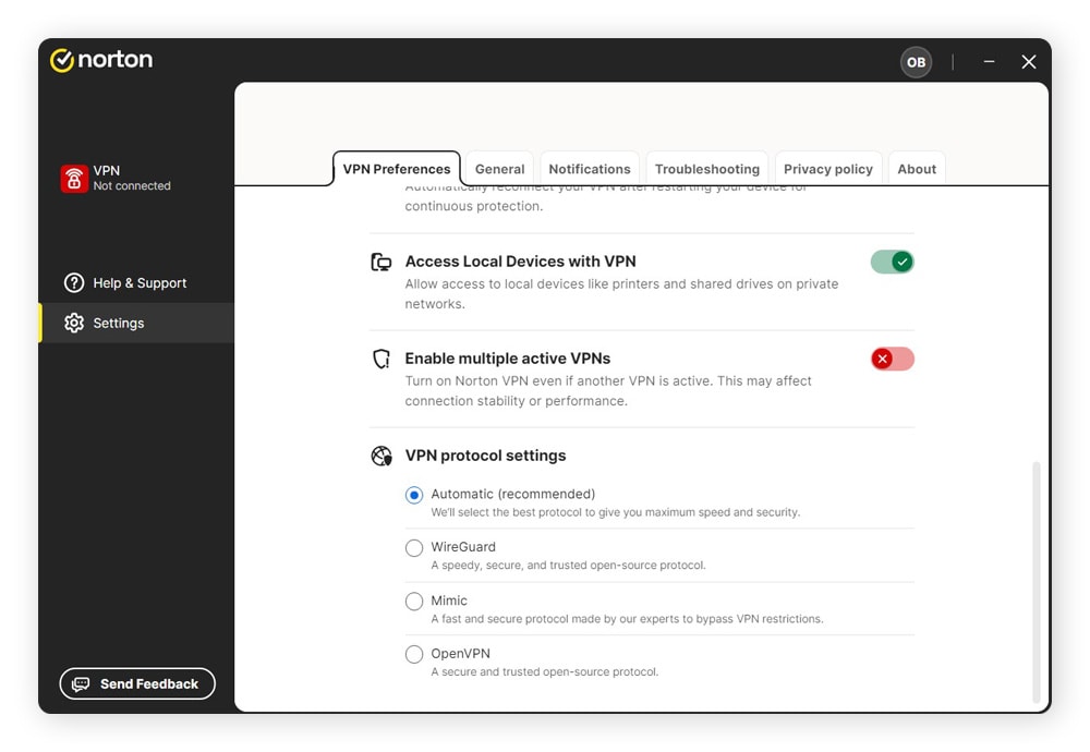 VPN protocol selection settings in the Norton VPN app.