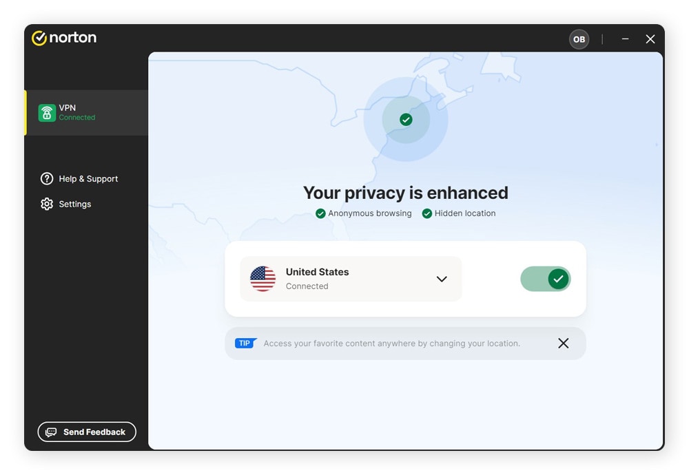 The Norton VPN desktop app showing an active VPN connection.