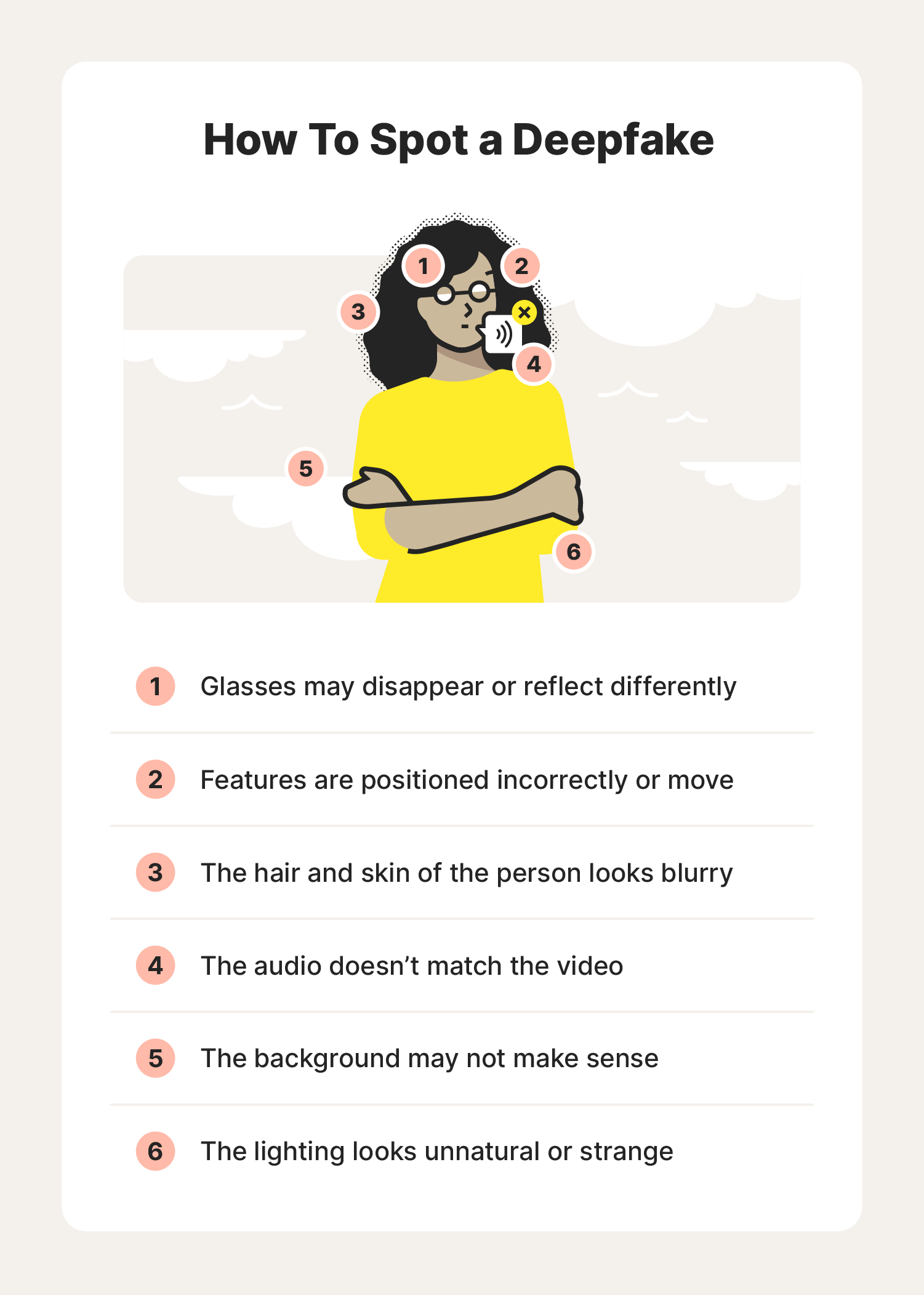 Illustration of a deepfaked images with examples of how to spot a deepfake, including audio and visual clues.