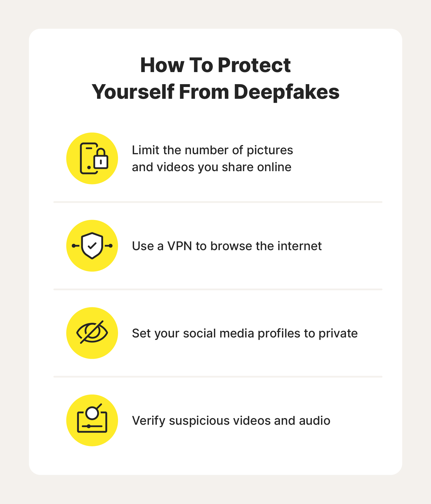 Chart with icons covering information on how you can protect yourself from deepfakes.