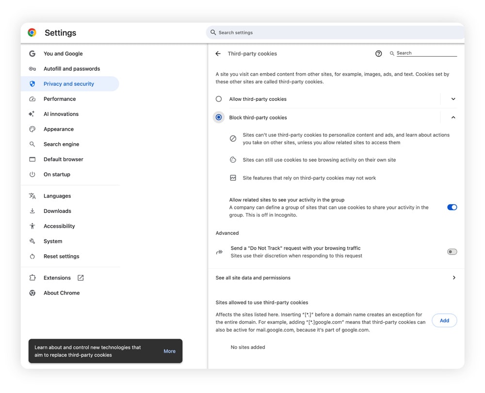 Screenshot showing how to block third-party cookies on Chrome.