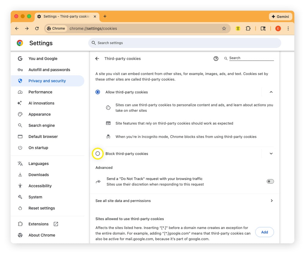 A screenshot showing where to block third-party cookies on Chrome.