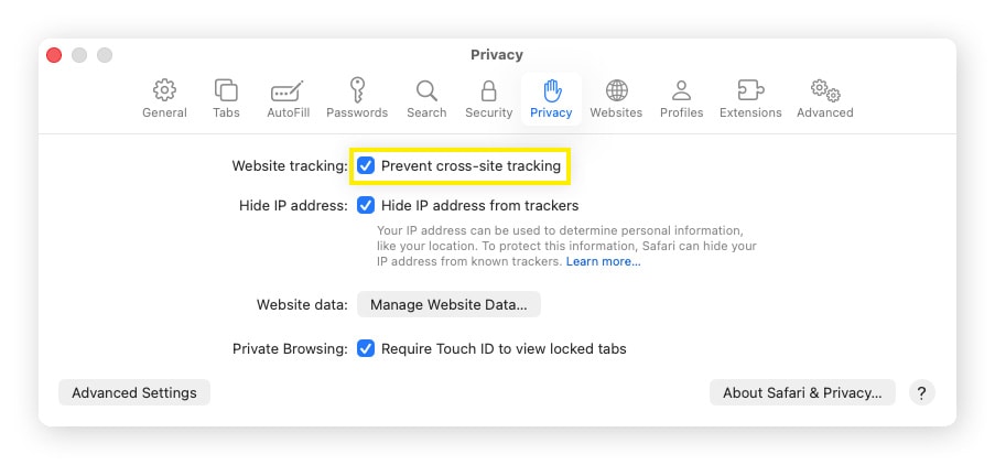 A screenshot showing how to prevent cross-site tracking on Safari.