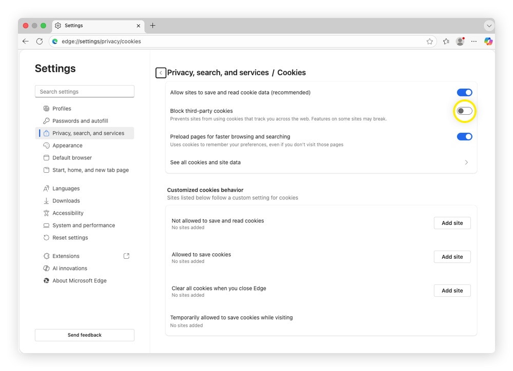 A screenshot showing where to block third-party cookies on Edge.