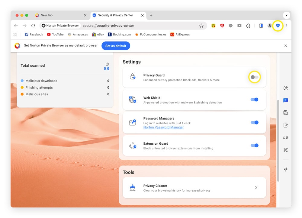 A screenshot showing how to block trackers and more on Norton Private Browser.