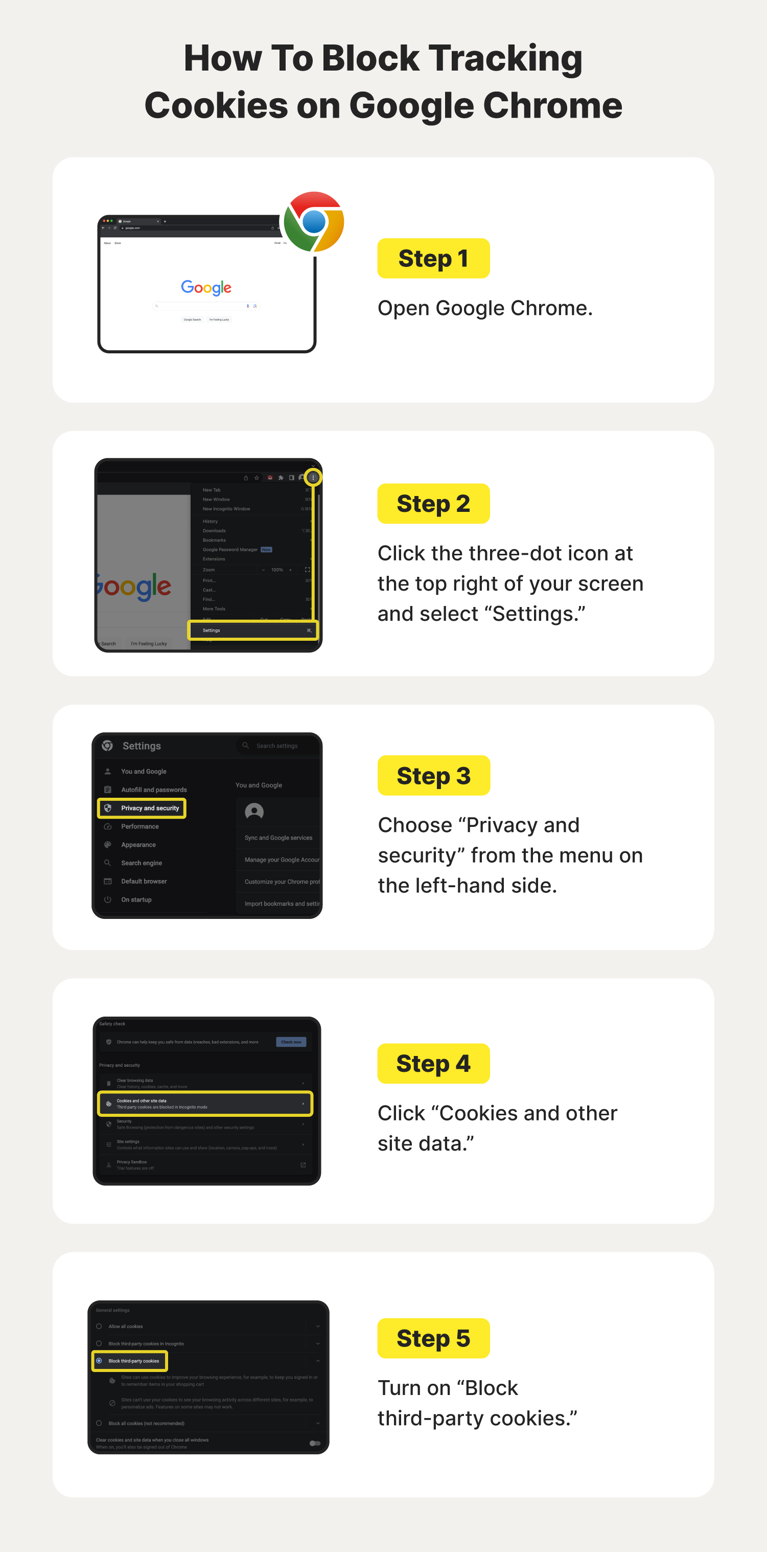 A graphic showcases how to block tracking cookies on Google Chrome.