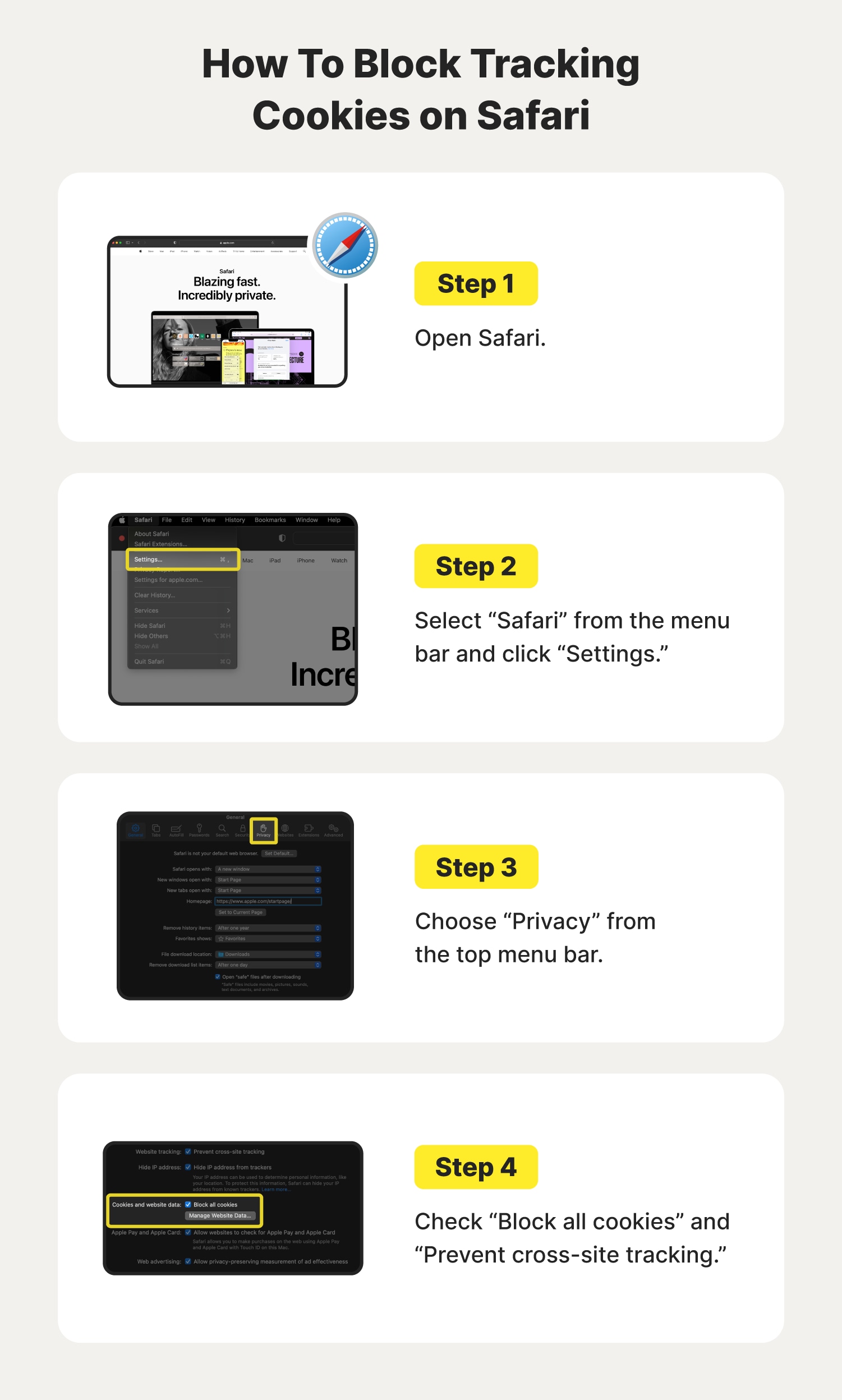 A graphic showcases how to block tracking cookies on Safari.