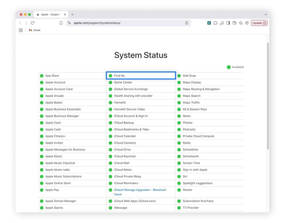 Visit Apple's system status page to see if Find My is up and running.
