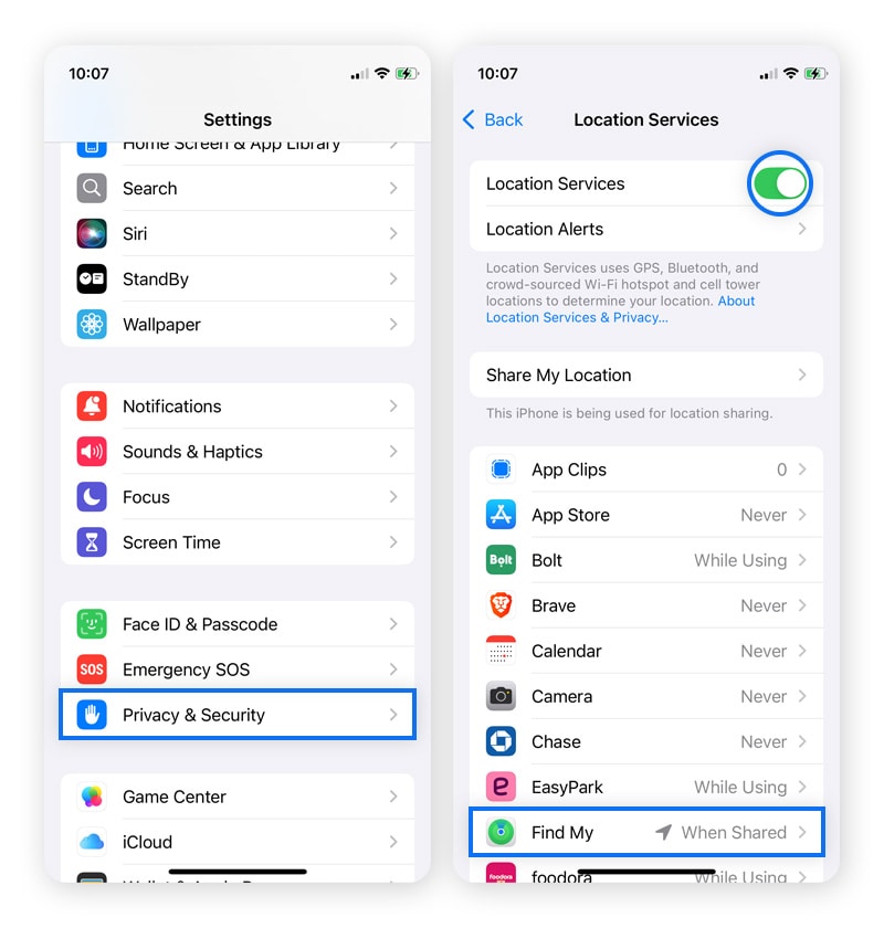 Navigate to Privacy & Security to update Location Services.