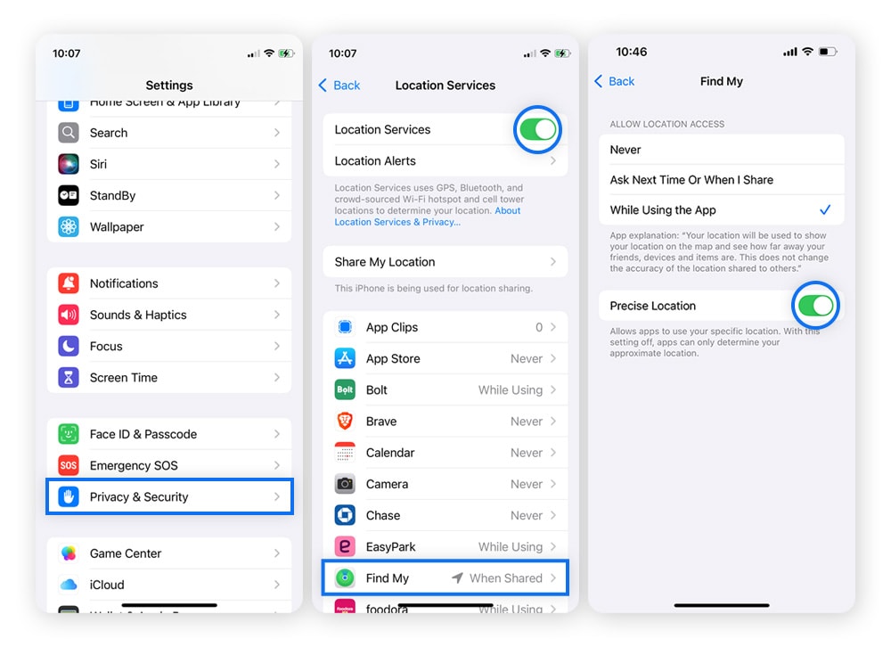 Make sure Location Services are enabled for Find My to share your location.