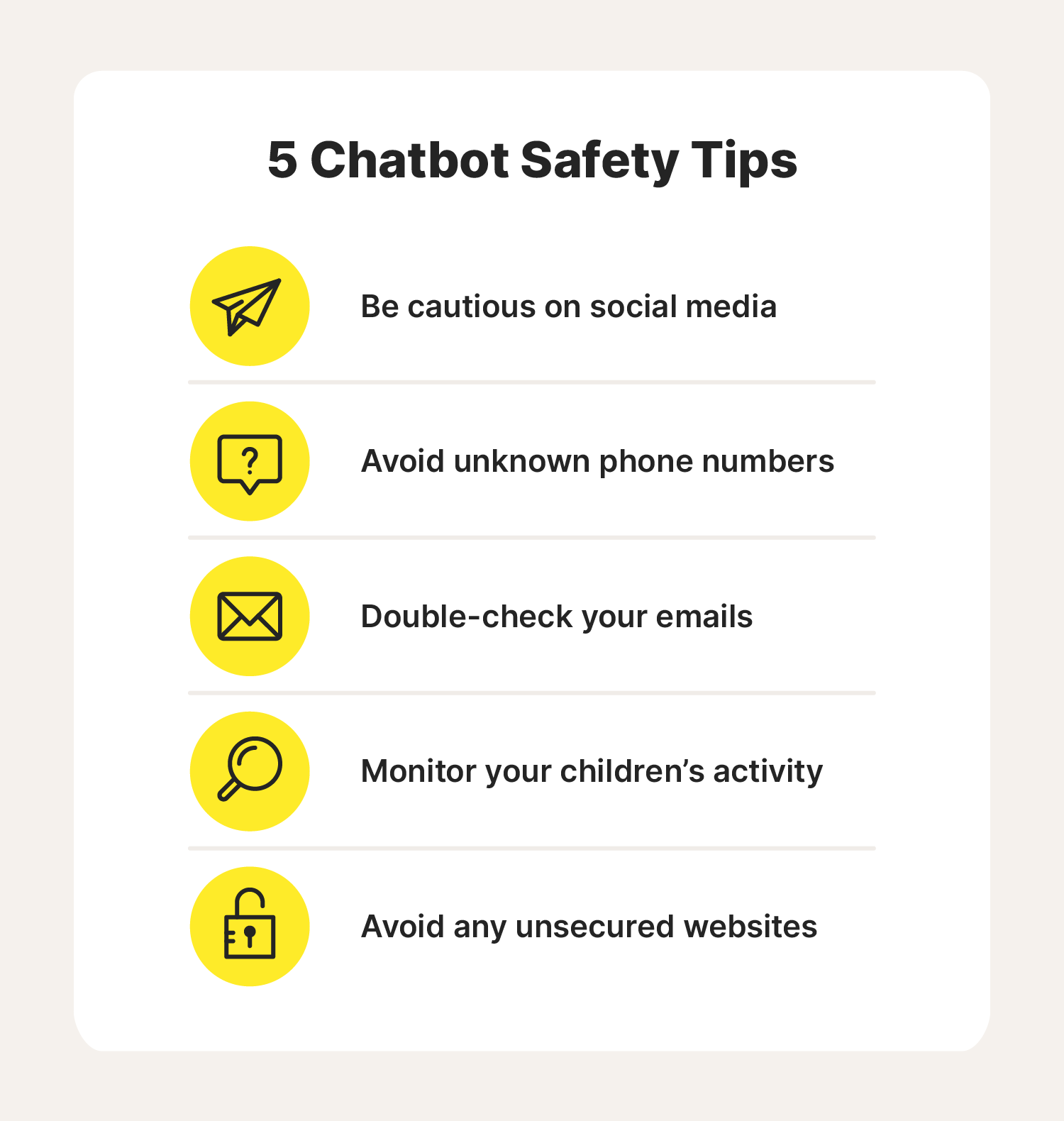 A graphic features five chatbot safety tips.