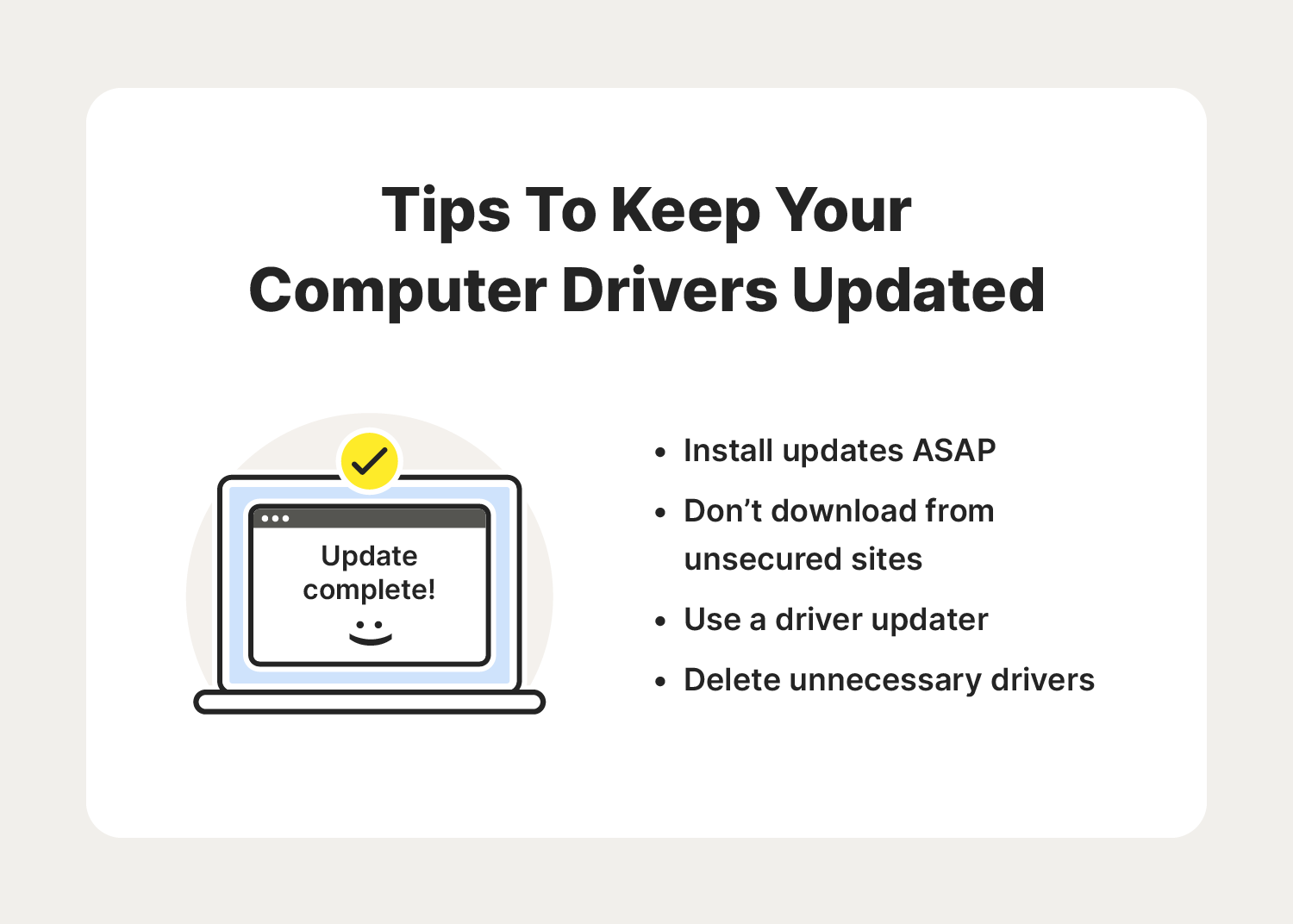 A graphic displays tips for updating your computer drivers, further answering the question, "What is a computer driver?"