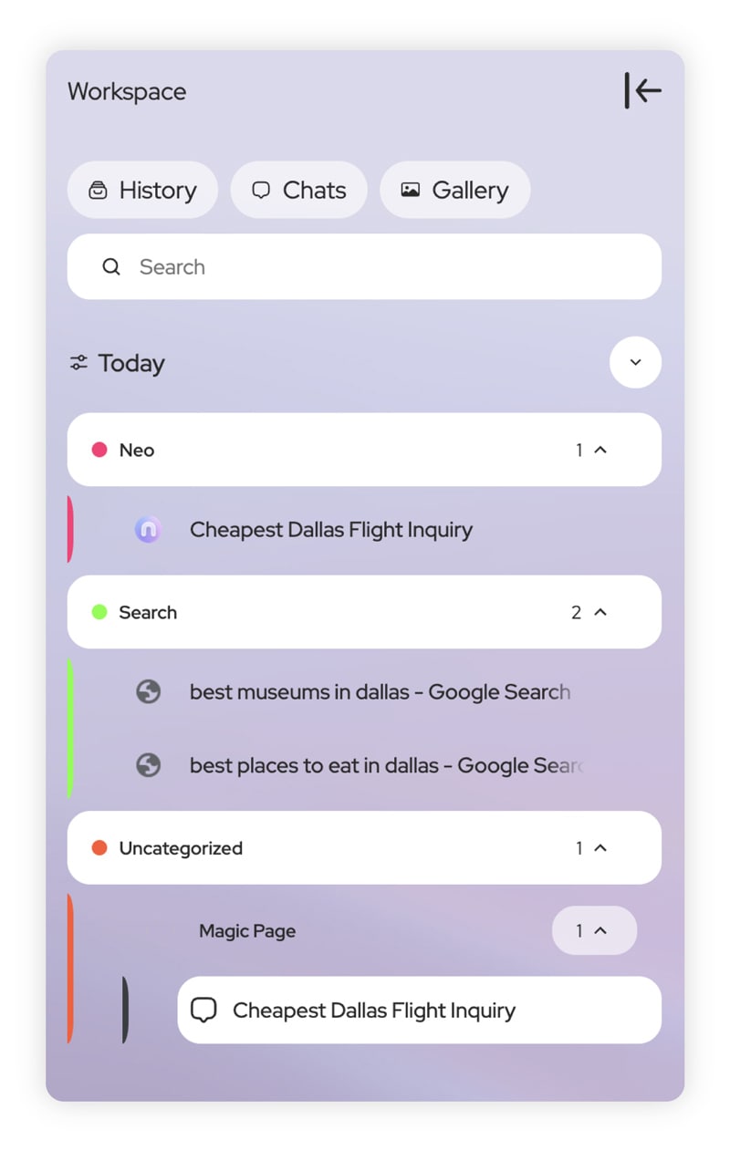 A screenshot showing the open tab categories in the Norton Neo workspace.