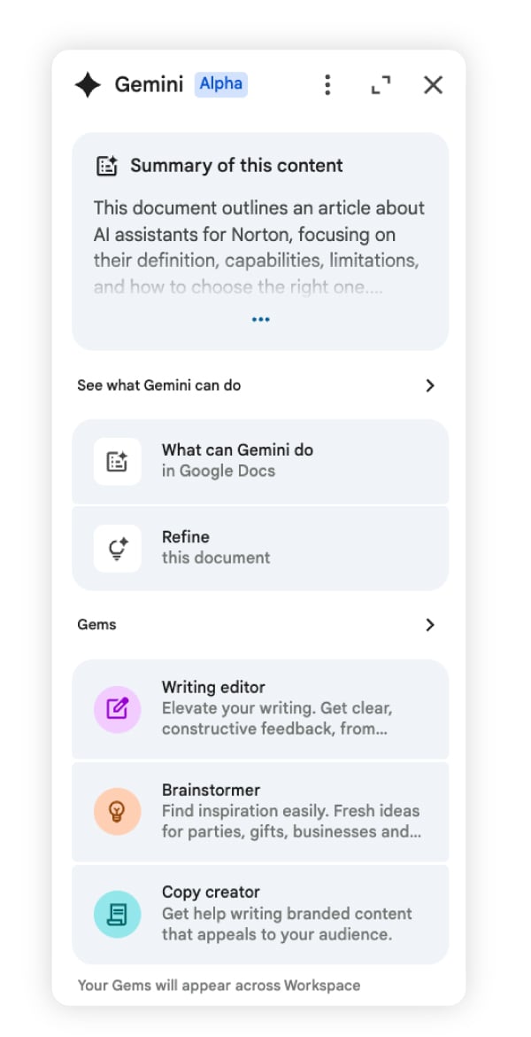 A screenshot of the Gemini AI assistant in Google Docs.