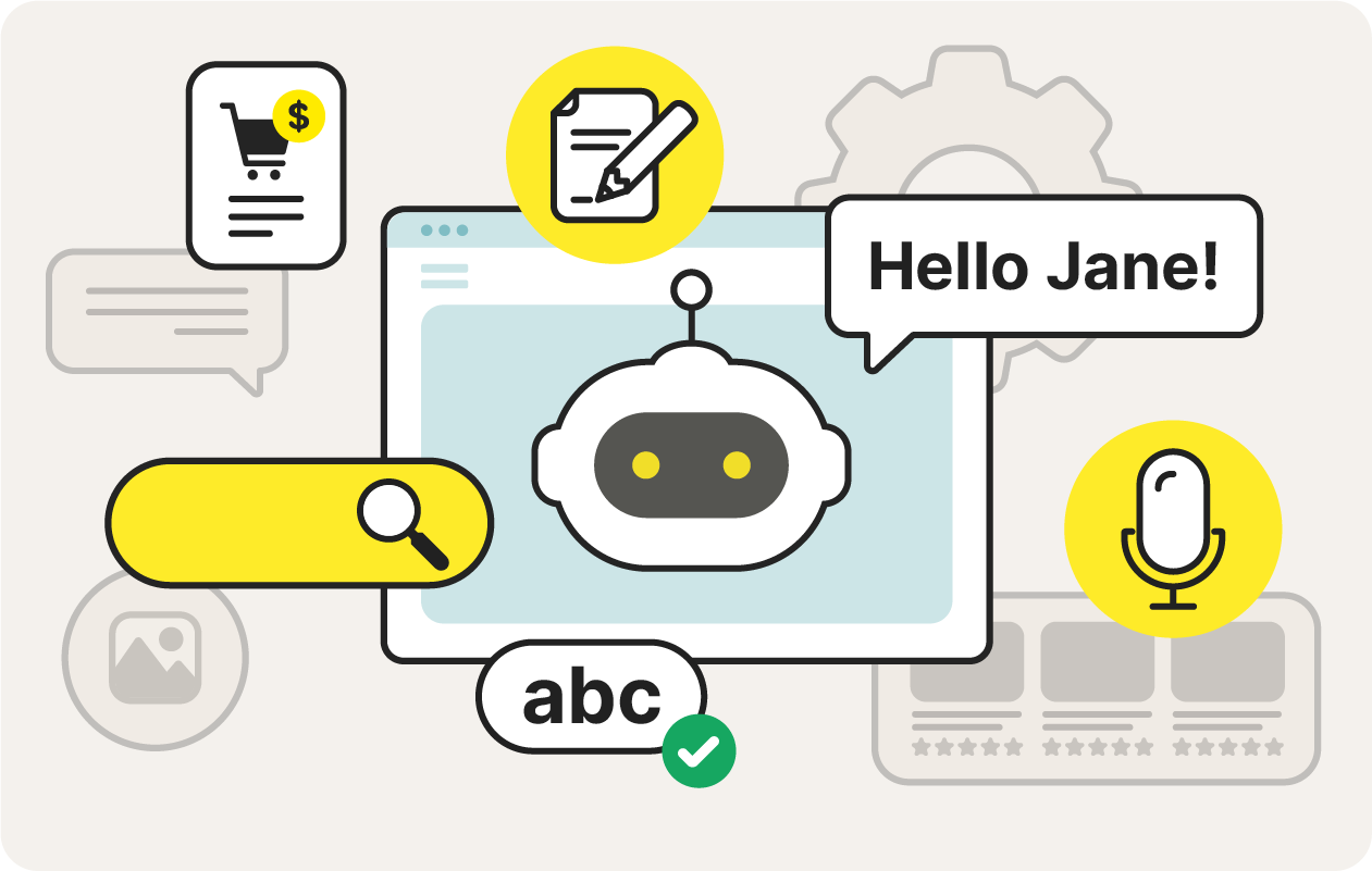 Illustration of key AI browser features, like a chatbot interface, smarter search, and voice interaction.