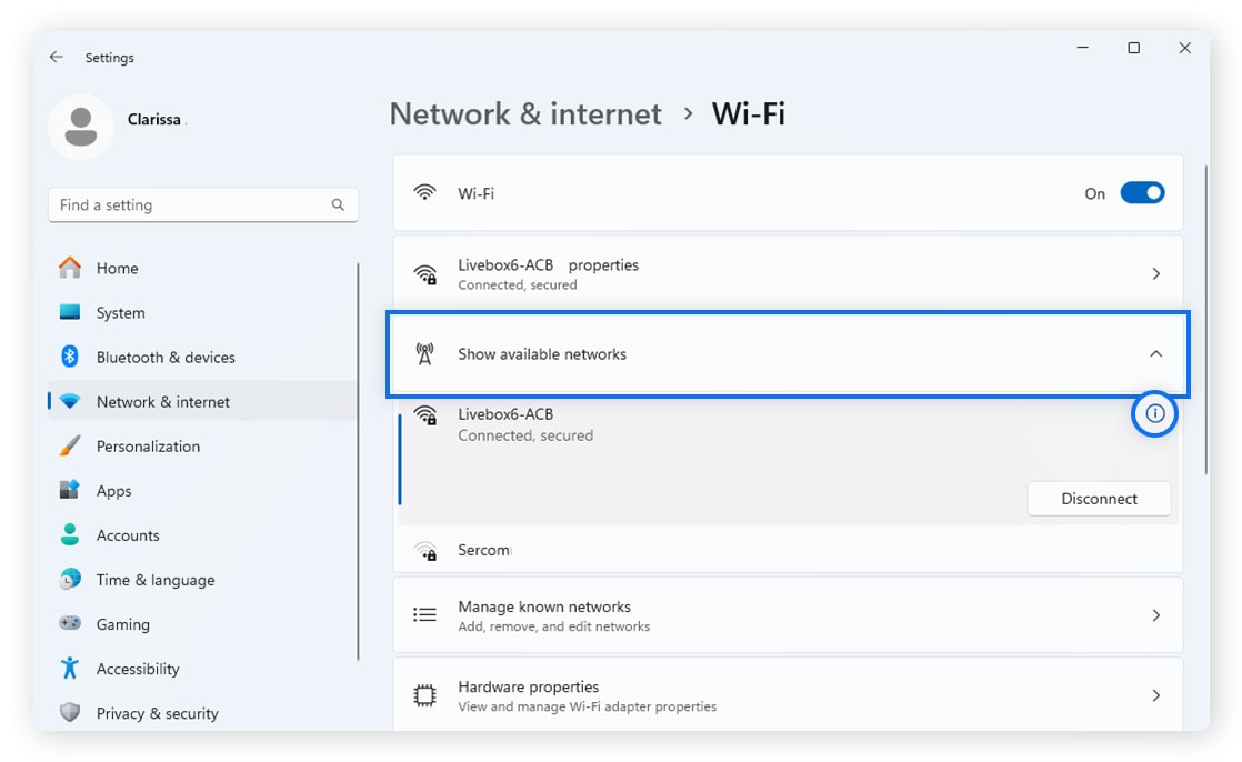  Under Wi-Fi, click Show available networks and click the info icon next to your network.