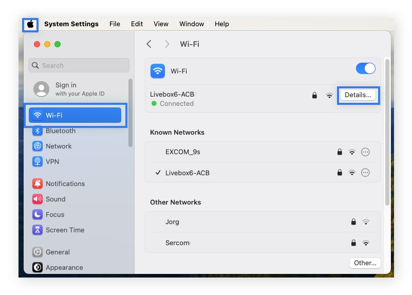  You can find IP addresses on Macs in System Settings, Wi-Fi, Details.
