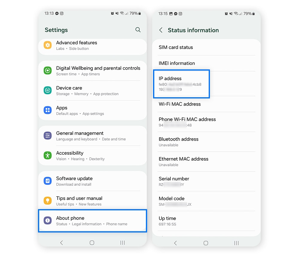 Screenshots showing how to see the IP address on an Android.