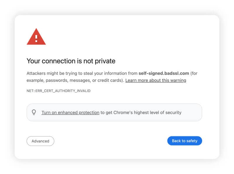 A screenshot of the warning that appears when you visit a website without an SSL certificate on Google Chrome.